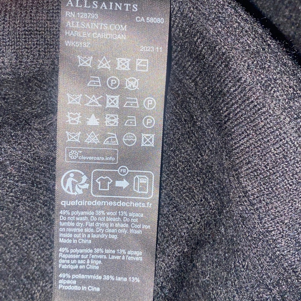 All Saints Wool Blend Harley Ladder Stitch Open Handkerchief Hem Cardigan - Picture 7 of 8